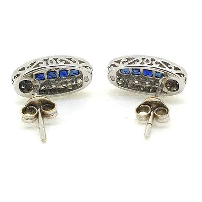 Vintage Princess Cut Sapphire and Diamond Cluster Plaque Earrings