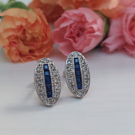Vintage Sapphire and Diamond Oval Cluster Plaque Earrings
