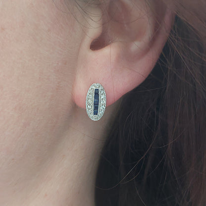 Vintage Sapphire and Diamond Oval Cluster Plaque Earrings