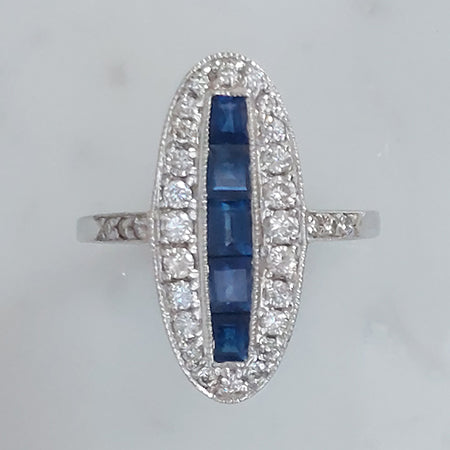 Vintage Sapphire and Diamond Oval Cluster Plaque Ring
