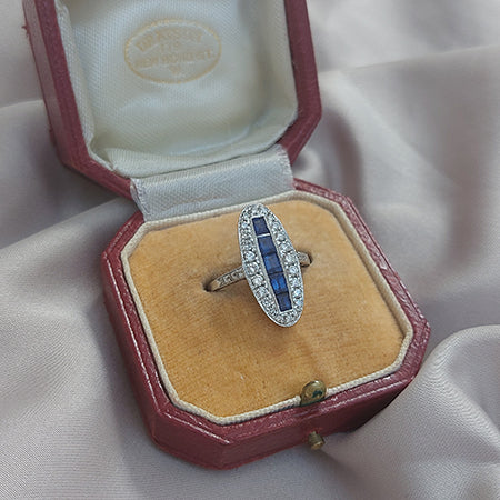 Vintage Sapphire and Diamond Oval Cluster Plaque Ring