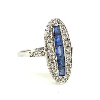 Vintage Sapphire and Diamond Oval Cluster Plaque Ring