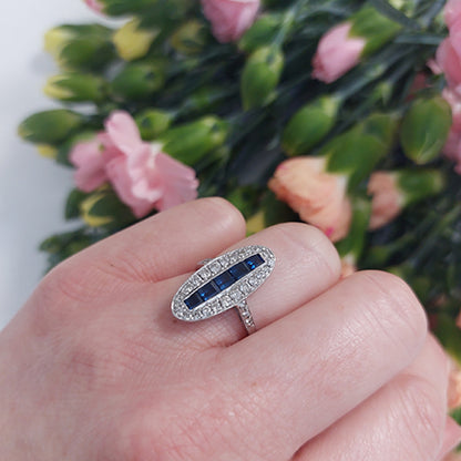 Vintage Sapphire and Diamond Oval Cluster Plaque Ring