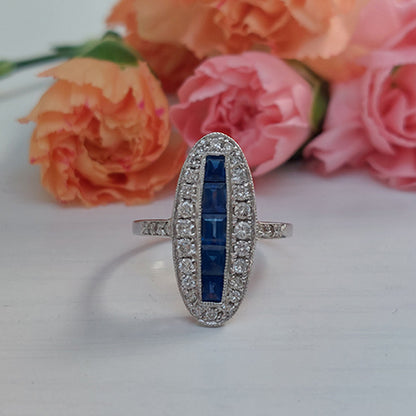 Vintage Sapphire and Diamond Oval Cluster Plaque Ring