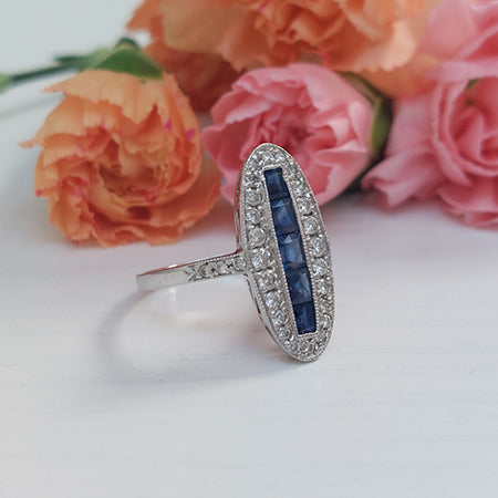 Vintage Sapphire and Diamond Oval Cluster Plaque Ring