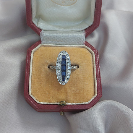 Vintage Sapphire and Diamond Oval Cluster Plaque Ring