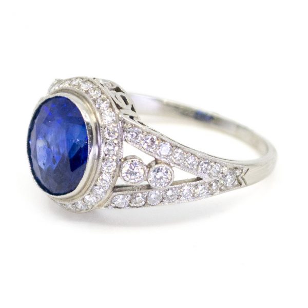 Vintage Sapphire and Diamond Cluster Platinum Ring