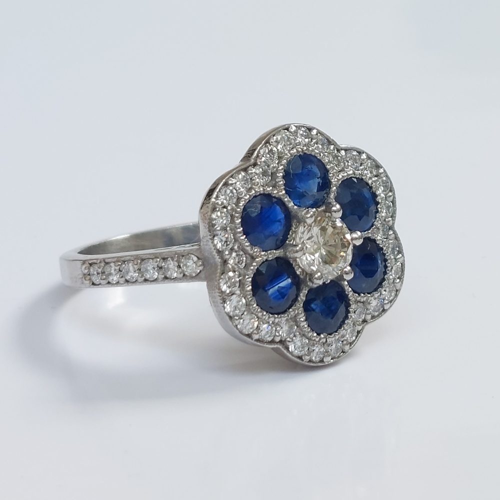 Vintage Sapphire and Diamond Floral Cluster Ring