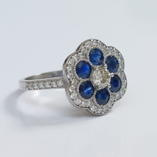 Vintage Sapphire and Diamond Floral Cluster Ring
