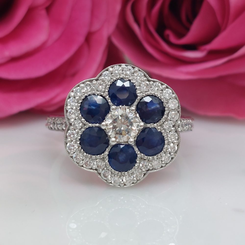 Vintage Sapphire and Diamond Floral Cluster Ring