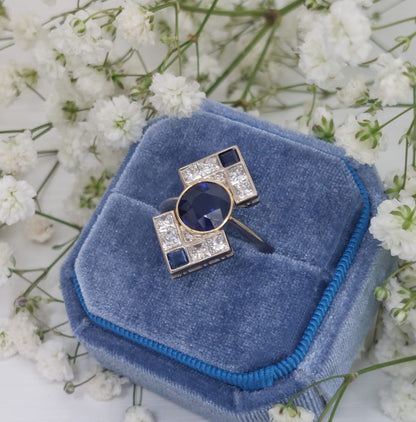 Vintage Sapphire and Diamond Plaque Ring
