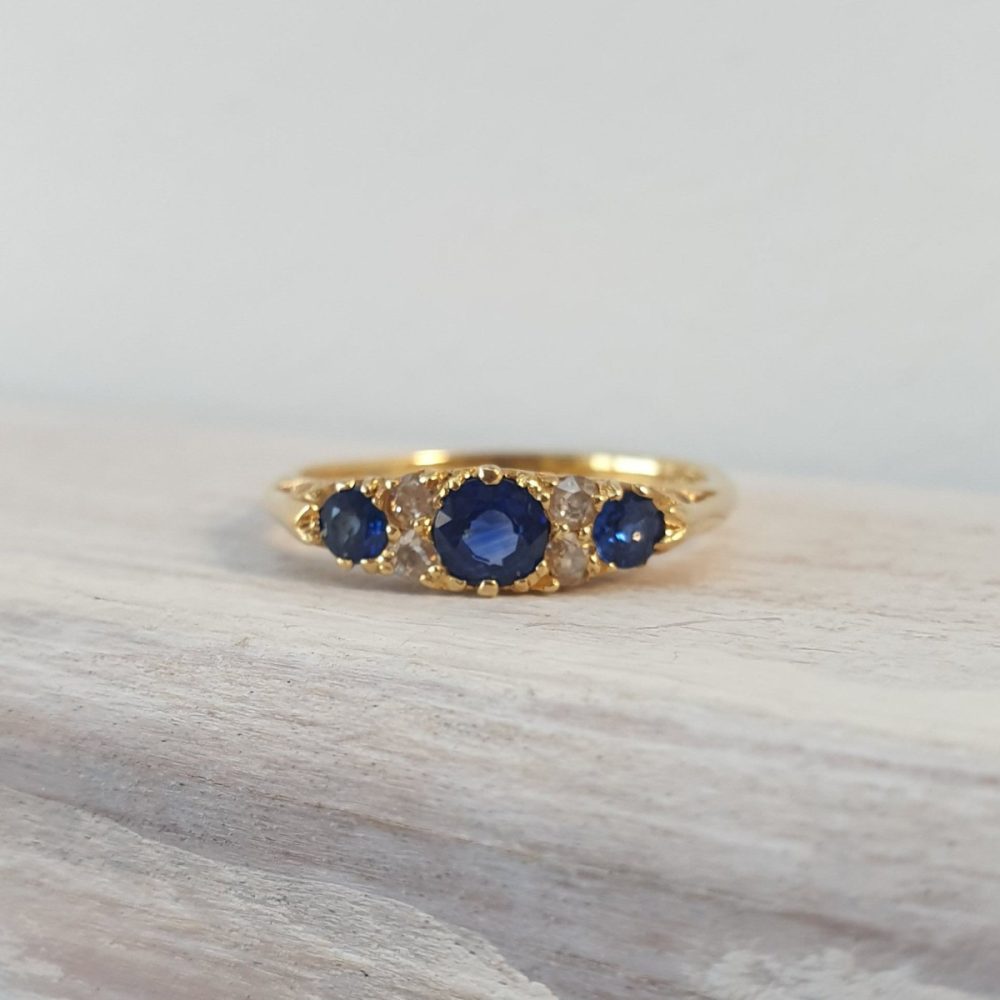 Vintage Sapphire and Old Cut Diamond Carved Half Hoop 18ct Gold Ring