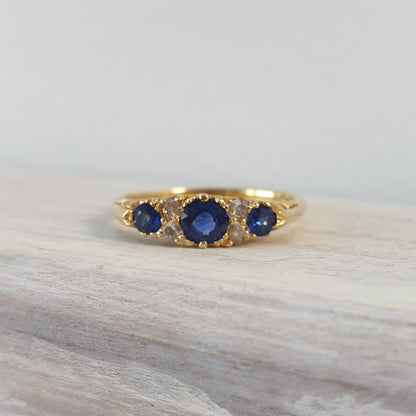 Vintage Sapphire and Old Cut Diamond Carved Half Hoop 18ct Gold Ring