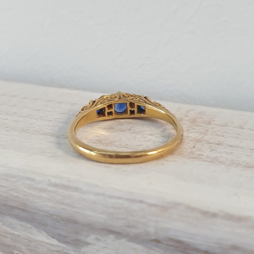 Vintage Sapphire and Old Cut Diamond Carved Half Hoop 18ct Gold Ring