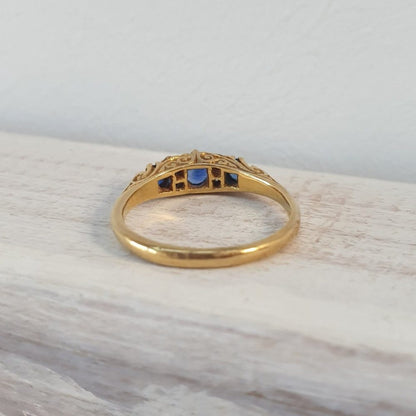 Vintage Sapphire and Old Cut Diamond Carved Half Hoop 18ct Gold Ring