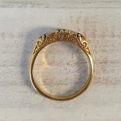 Vintage Sapphire and Old Cut Diamond Carved Half Hoop 18ct Gold Ring