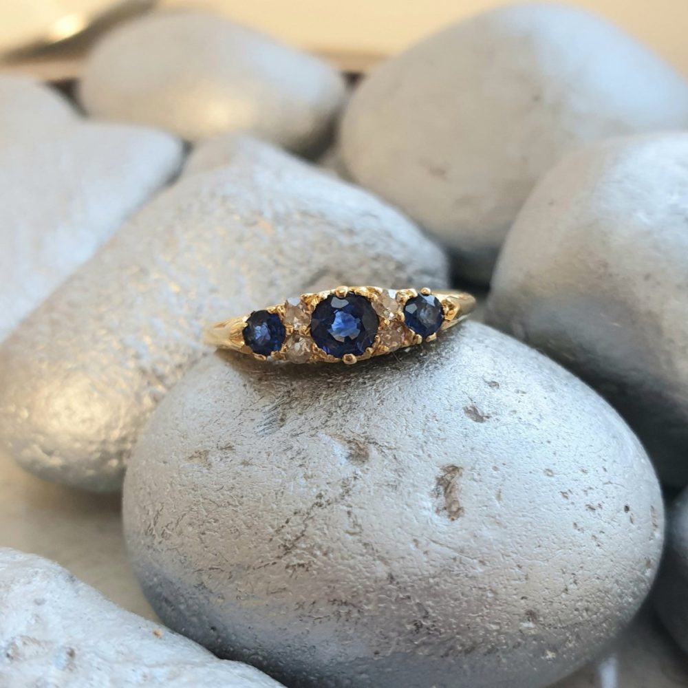 Vintage Sapphire and Old Cut Diamond Carved Half Hoop 18ct Gold Ring