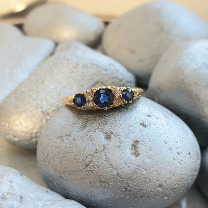 Vintage Sapphire and Old Cut Diamond Carved Half Hoop 18ct Gold Ring