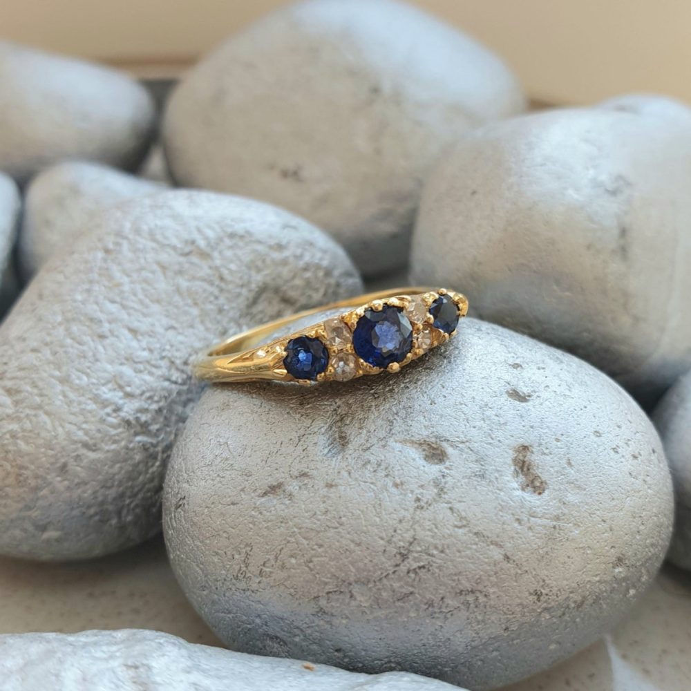 Vintage Sapphire and Old Cut Diamond Carved Half Hoop 18ct Gold Ring
