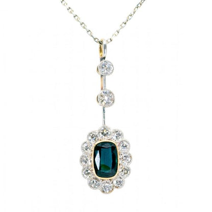 Vintage Sapphire and Old Mine Cut Diamond Drop Pendant
