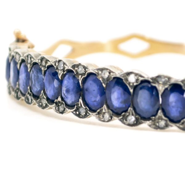 Vintage Sapphire and Rose Cut Diamond Bangle Bracelet, 8 Carats
