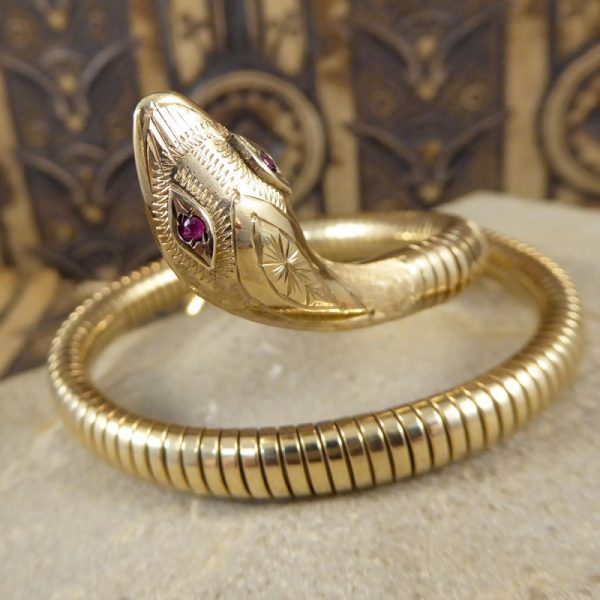 Vintage Snake Gold Bangle Bracelet with Garnet Set Eyes