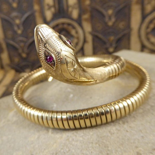 Vintage Snake Gold Bangle Bracelet with Garnet Set Eyes