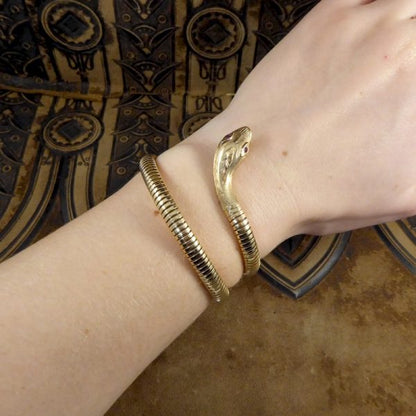 Vintage Snake Gold Bangle Bracelet with Garnet Set Eyes