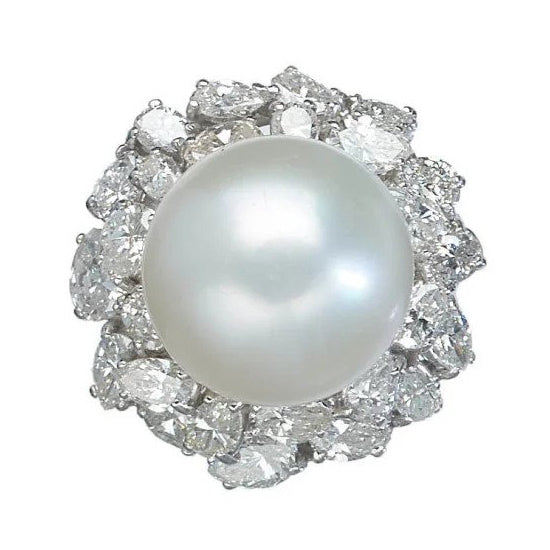 Vintage 1960s South Sea Pearl and Diamond Cocktail Ring in Platinum