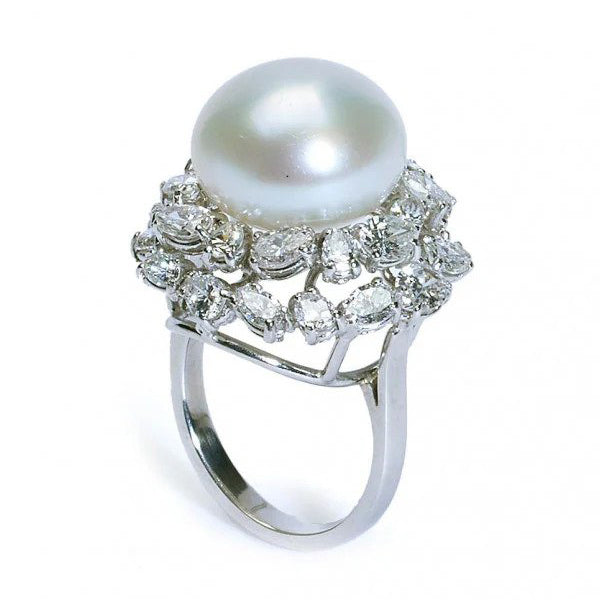 Vintage South Sea Pearl and 3ct Diamond Cocktail Ring