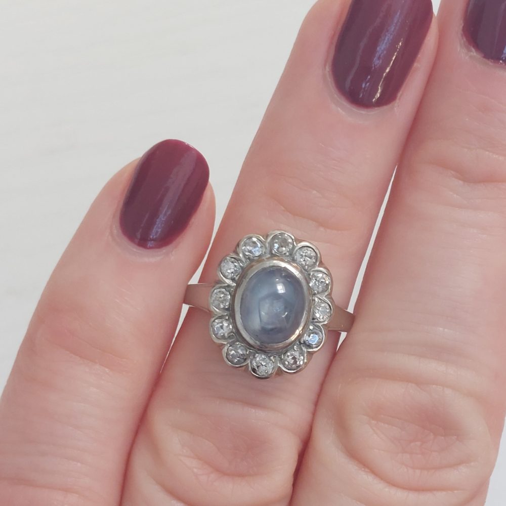 Vintage Star Sapphire and Old Cut Diamond Cluster Ring, 4cts