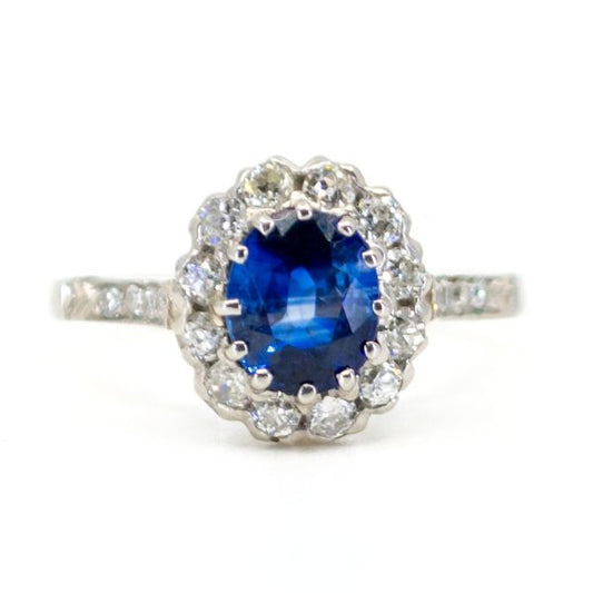 Vintage Style Sapphire and Old Mine Cut Diamond Platinum Ring