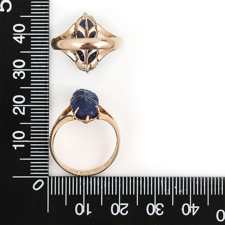 Vintage Swedish Carved Sapphire 18ct Rose Gold Ring