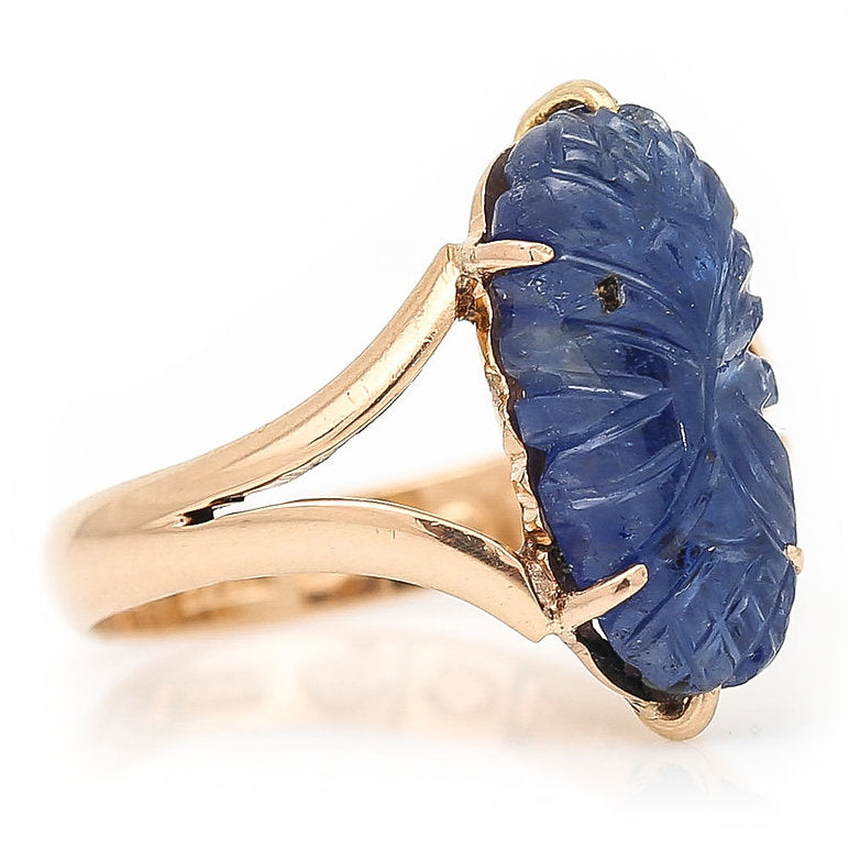 Vintage Swedish Carved Sapphire 18ct Rose Gold Ring