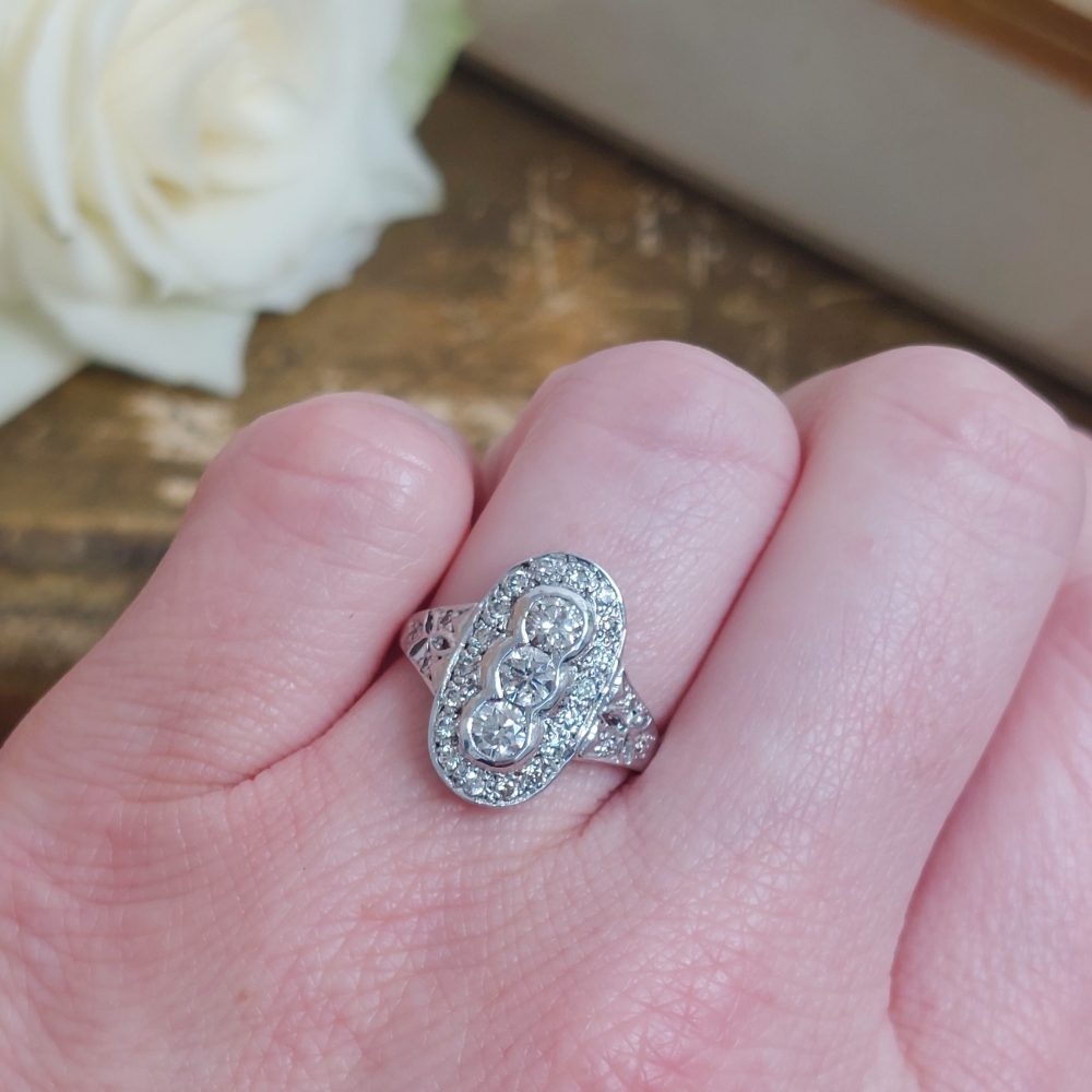 Vintage Three Stone Diamond Plaque Ring, 0.85ct
