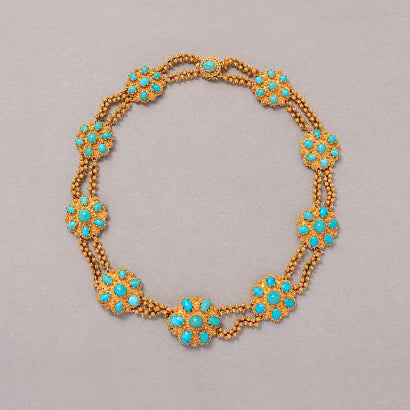 Vintage French Turquoise and Cannetille Gold Collar Necklace