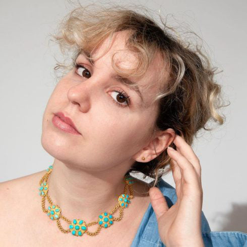 Vintage French Turquoise and Cannetille Gold Collar Necklace