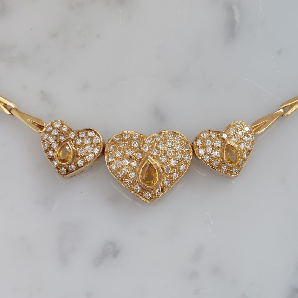 Vintage Yellow Sapphire and Diamond Heart Necklace and Earring Set