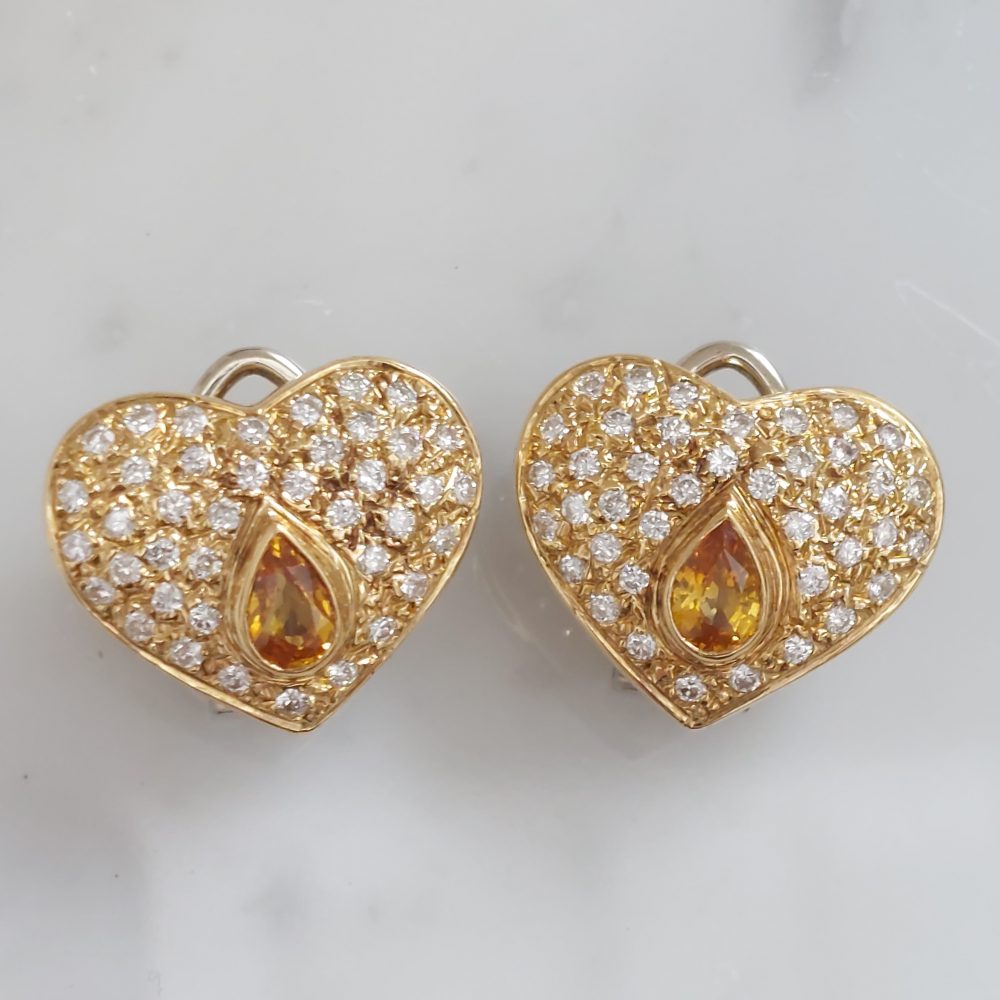 Vintage Yellow Sapphire and Diamond Heart Necklace and Earring Set