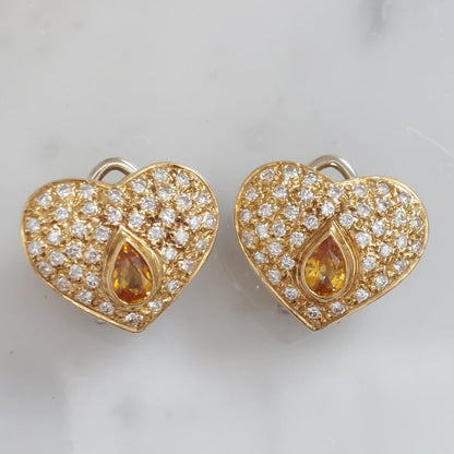Vintage Yellow Sapphire and Diamond Heart Necklace and Earring Set