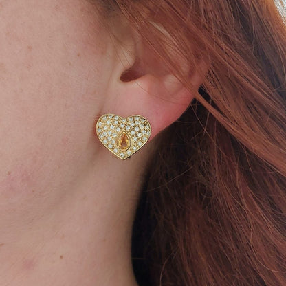 Vintage Yellow Sapphire and Diamond Heart Necklace and Earring Set
