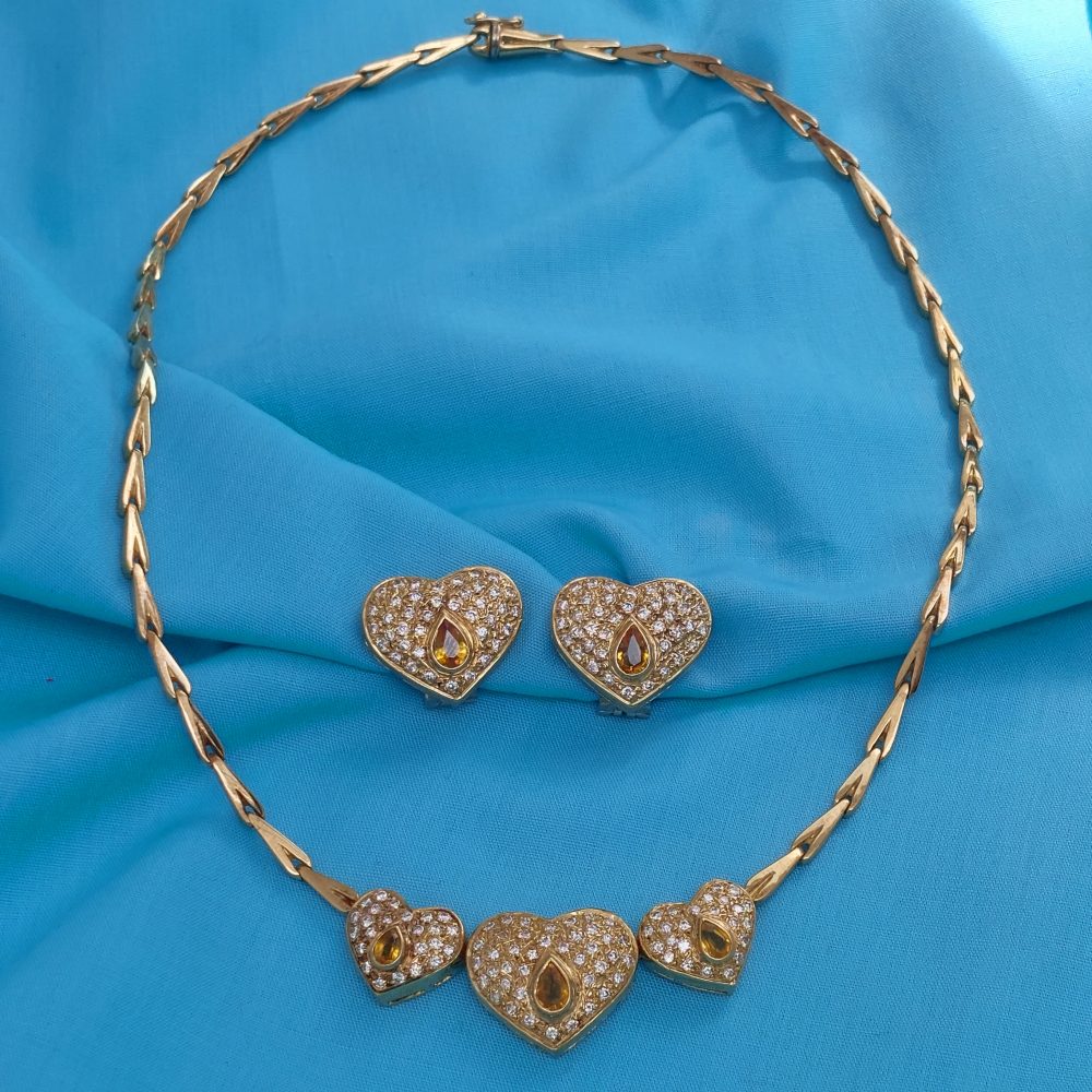 Vintage Yellow Sapphire and Diamond Heart Necklace and Earring Set