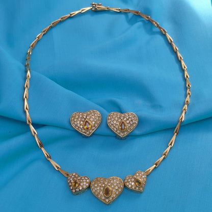 Vintage Yellow Sapphire and Diamond Heart Necklace and Earring Set