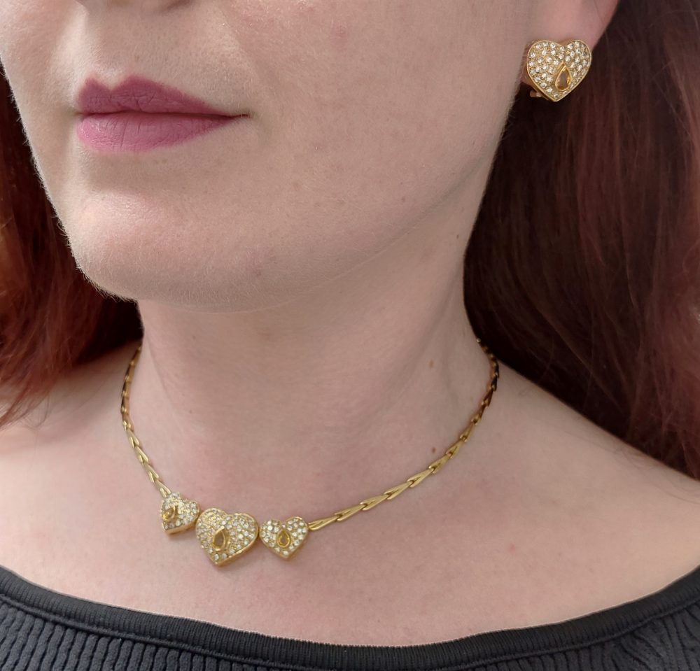 Vintage Yellow Sapphire and Diamond Heart Necklace and Earring Set