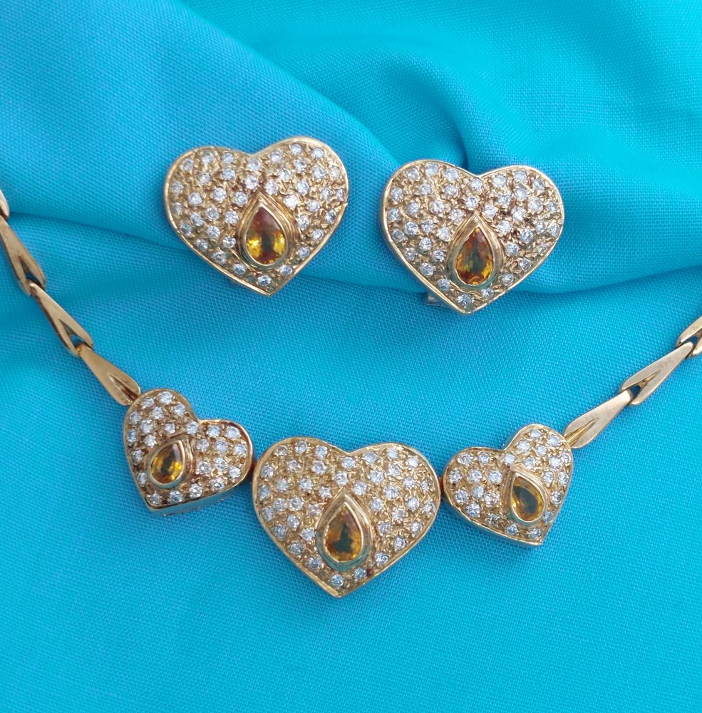 Vintage Yellow Sapphire and Diamond Heart Necklace and Earring Set
