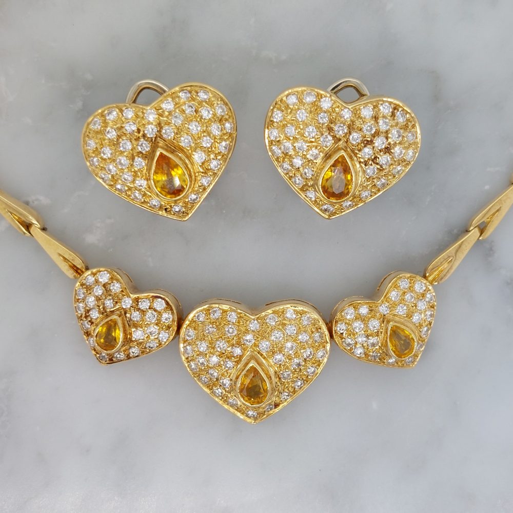 Vintage Yellow Sapphire and Diamond Heart Necklace and Earring Set