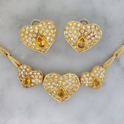 Vintage Yellow Sapphire and Diamond Heart Necklace and Earring Set