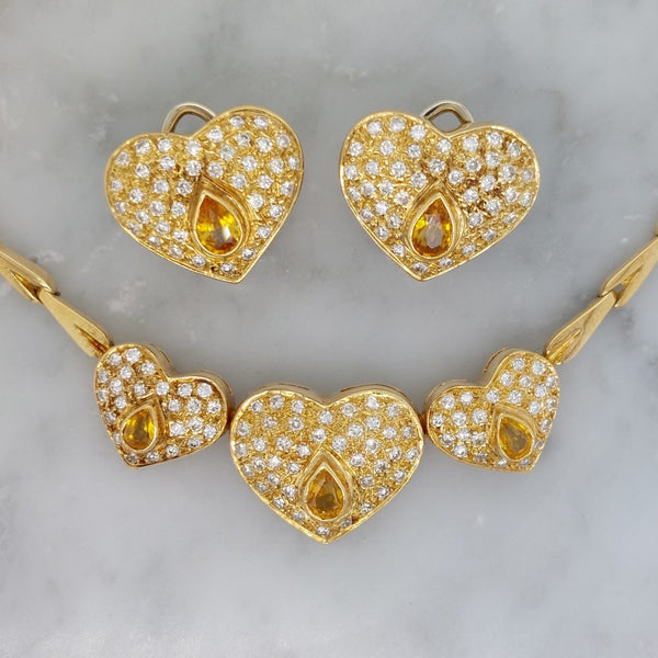 Vintage Yellow Sapphire and Diamond Heart Necklace and Earring Set