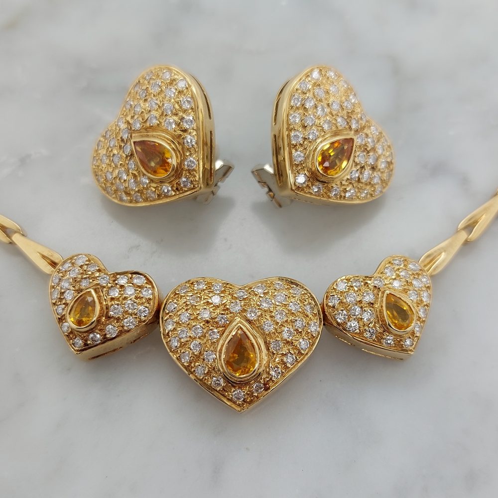 Vintage Yellow Sapphire and Diamond Heart Necklace and Earring Set
