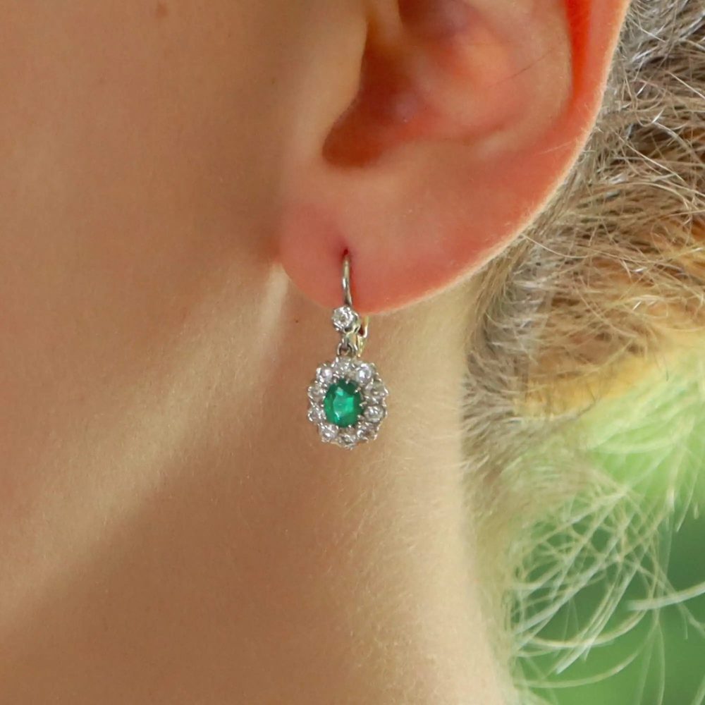 Vintage Emerald and Diamond Cluster Drop Earrings
